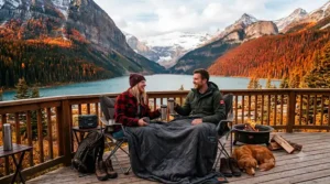 An illustration of a backcountry camping setup in Alberta, highlighting cordless warming gear and estimated battery heated blanket runtime hours overnight.