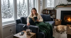 A rustic Canadian cottage interior with a cozy heated throw blanket folded on an armchair near a stone fireplace.