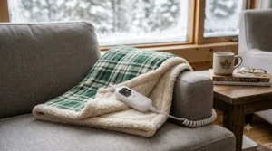 A photorealistic 4K illustration of a Canadian couple relaxing together on a living room sofa during a cold winter, sharing a dual control heated blanket with each person adjusting their own individual heat settings using separate remotes.