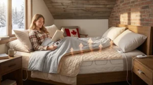 Bilingual Canadian buying guide comparing a couverture chauffante overblanket vs an underblanket mattress pad for winter comfort.