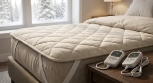CSA safety certified emblem and auto-shutoff feature diagram for a queen heated mattress pad.