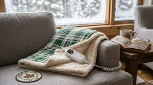 A 4K photorealistic dimension and sizing guide illustration set on a large bed, comparing how a blue dual control heated blanket fits on Canadian Queen and King size beds, with technical measurements and remote displays.