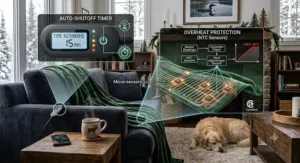 An illustration of a couple using a heated throw blanket with dual-zone temperature controllers for personalized warmth.