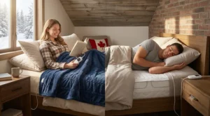 Illustration of a dual-zone electric underblanket on a queen bed, showing separate temperature controllers for couples with different sleep preferences.