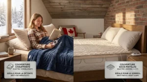 Illustration of a plush electric overblanket being used as a versatile heated top blanket on a bed and as a cozy living room throw.