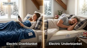Graphic illustrating how using an electric overblanket vs underblanket allows Canadians to lower their home thermostat and save on winter utility bills.