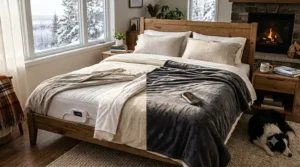 Infographic illustrating electricity savings in Canada using a heated mattress pad vs electric blanket instead of whole-home heating.