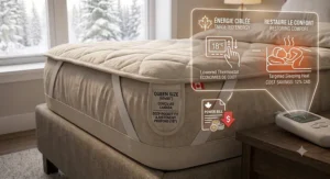 Infographic illustrating home heating savings when using an energy-efficient queen heated mattress pad.