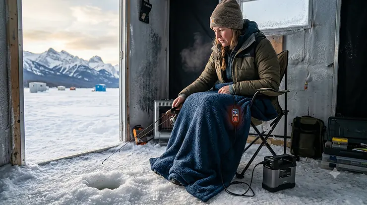 An angler using a battery-operated heated blanket for ice fishing inside an ice hut on a frozen Canadian lake. 12v heated blanket ice fishing