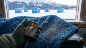 Bilingual care instructions in English and French (couverture chauffante pour la pêche sur glace) for maintaining a heated blanket.