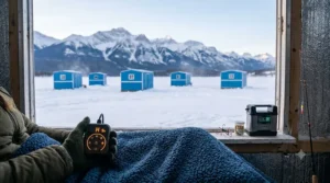 A diagram showing the auto-shutoff safety features of a CSA-certified heated blanket for safe ice fishing.
