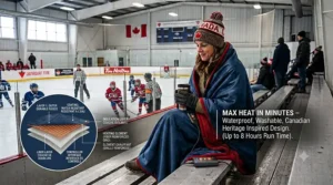 An LED temperature controller on a heated blanket for hockey rink comfort.