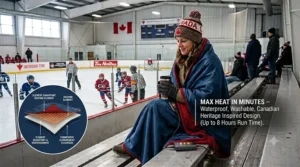 A diagram showing the multi-zone heating elements inside a heated blanket for hockey rink spectators.