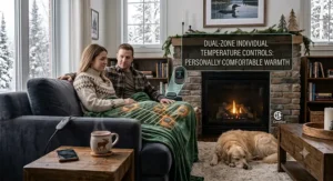 A professional working from a home office in Canada, using a heated throw blanket to stay comfortable during a winter workday.