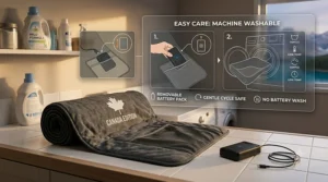 Instructional illustration showing how to safely remove the power pack to wash a machine washable battery heated blanket.