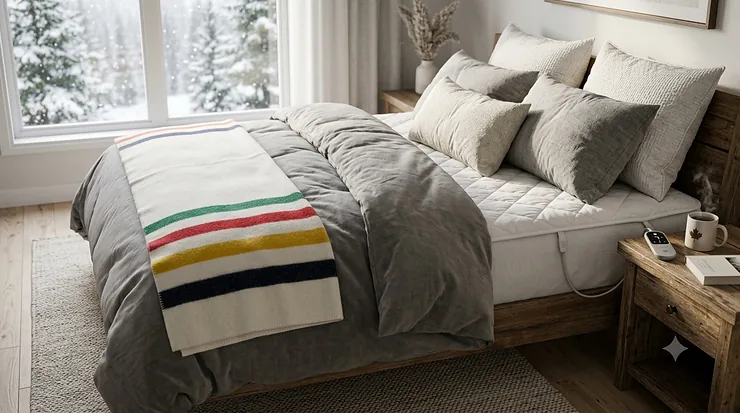 A plush king heated mattress pad provides cozy dual-zone warmth on a cold winter night in a highly detailed Canadian master bedroom.