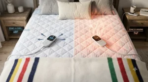 Cross-section illustration showing the deep pocket elasticated skirt of a king heated mattress pad fitting securely over a thick mattress.