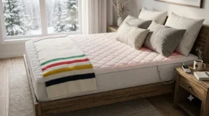 An infographic showing energy cost savings by using a king heated mattress pad to warm the bed instead of overheating a whole Canadian home.