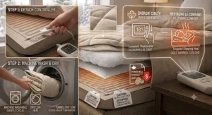 Guide showing detachable controller plug for safe machine washing of a queen heated mattress pad.