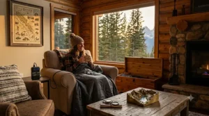 Illustration of an outdoor patio setup in Canada featuring a battery heated blanket for cold weather evenings.
