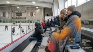Spectators enjoying an outdoor pond hockey game in Canada bundled in a windproof portable heated blanket.