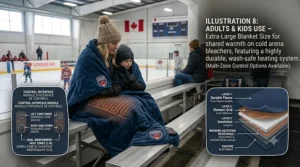 An oversized heated blanket for hockey rink benches providing warmth for two Canadian fans.