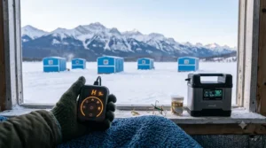 A portable heated blanket for ice fishing packed compactly inside a gear sled bag.