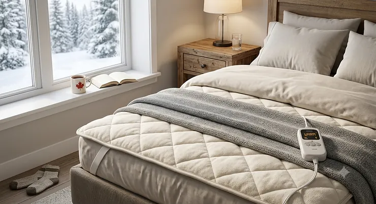 A plush queen heated mattress pad fitted on a cozy bed during a cold Canadian winter night.