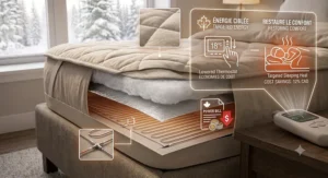 Cross-section layer diagram of a quilted queen heated mattress pad with ultra-thin heating wires.