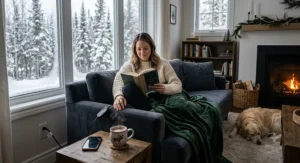 An illustration showing how using an energy-efficient heated throw blanket can help reduce home heating costs during Canada's cold seasons.