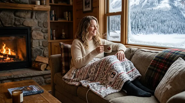 Cozy winter living room in Canada featuring a person wrapped in a small heated blanket on a sofa next to a window with a snowy backdrop.