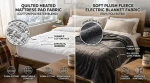Properly folded electric blanket and packed heated mattress pad stored away after a cold Canadian winter.