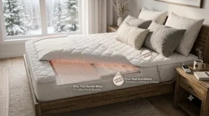 Illustrated guide demonstrating how to neatly fold and store a king heated mattress pad in a breathable bag during the Canadian spring and summer.