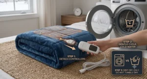 A high-resolution photorealistic 4K close-up photograph illustrating the step-by-step care process for the washable dual control heated blanket, showing the simple controller detachment and clear washing instructions near a machine.