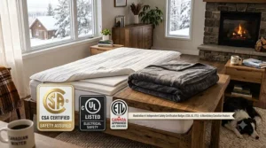 Step-by-step guide showing how to detach power cords before machine washing an electric blanket or heated mattress pad.
