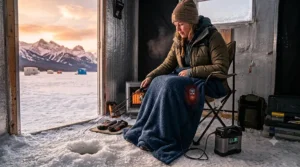 A water-resistant heated blanket for ice fishing repelling slush and snow.