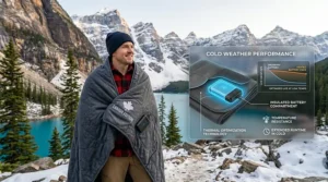 Winter emergency car kit illustration featuring an essential battery heated blanket for Canadian winter road safety.