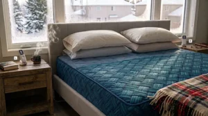 An unboxing illustration of a complete dual zone king heated mattress pad set, including the pad, dual controllers, a warranty card, and a user manual.