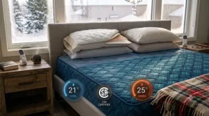 Illustration showcasing a modern, sleek digital controller for a dual zone heated mattress pad, displaying natural language settings for a personalized sleep environment.