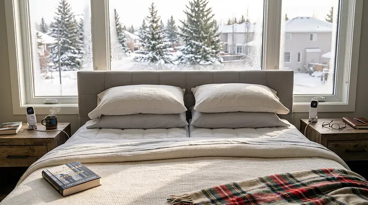 A cozy Canadian bedroom in winter with a king heated mattress pad dual zone, featuring individual controllers and a frosty window with snowy trees.
