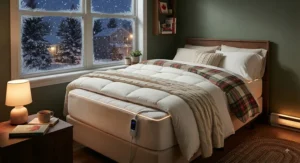 A neatly made twin xl bed layered with duvets and pillows, highlighting a twin xl heated mattress pad underneath.