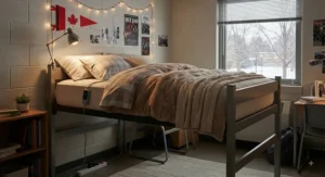 A comfortable college dorm room bed outfitted with a twin xl heated mattress pad for chilly student housing.