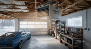High-efficiency ceiling mount garage heater warming up a cold two-car garage space.