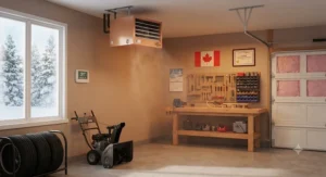 A warm and organized Canadian garage equipped with an efficient garage heater ready for winter DIY projects.