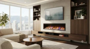 Built-in modern electric fireplace integrated seamlessly into a custom entertainment centre wall.