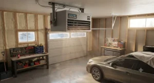 A professional ceiling-mounted electric garage heater providing even heat distribution in a residential Canadian garage.