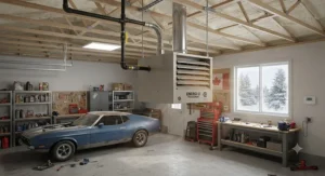 Ceiling-mounted natural gas heater installed in a spacious two-car residential garage workshop in Canada.