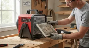 A person maintaining and cleaning the dust filter on a reliable workshop space heater.