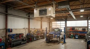 Commercial grade ceiling mount garage heater providing efficient heating for a large workspace.