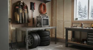 A compact electric garage heater displayed alongside winter gear in a well-organized Canadian garage.